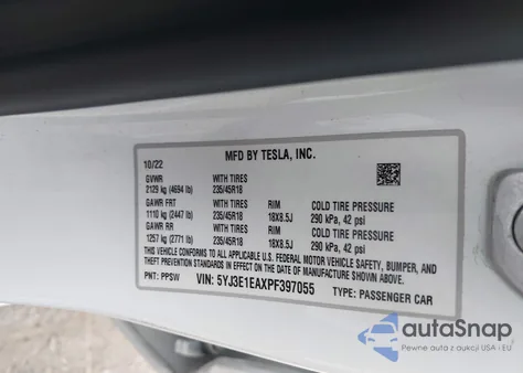 2023 Tesla Model 3 from USA, damaged, VIN 5YJ3E1EAXPF397055